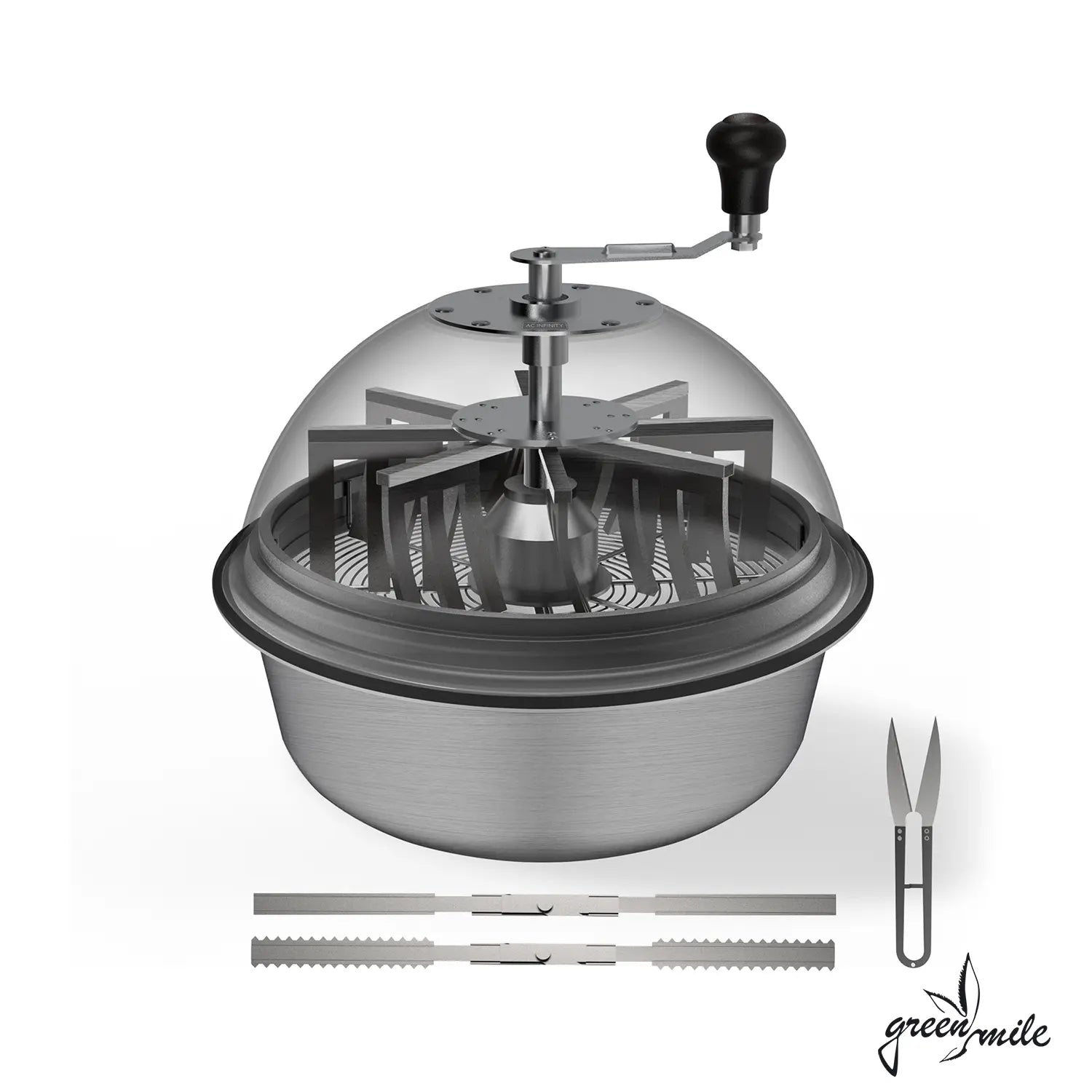 Vorderansicht des AC Infinity Bud Bowl Trimmers mit klarer Sichtkuppel und Handkurbel