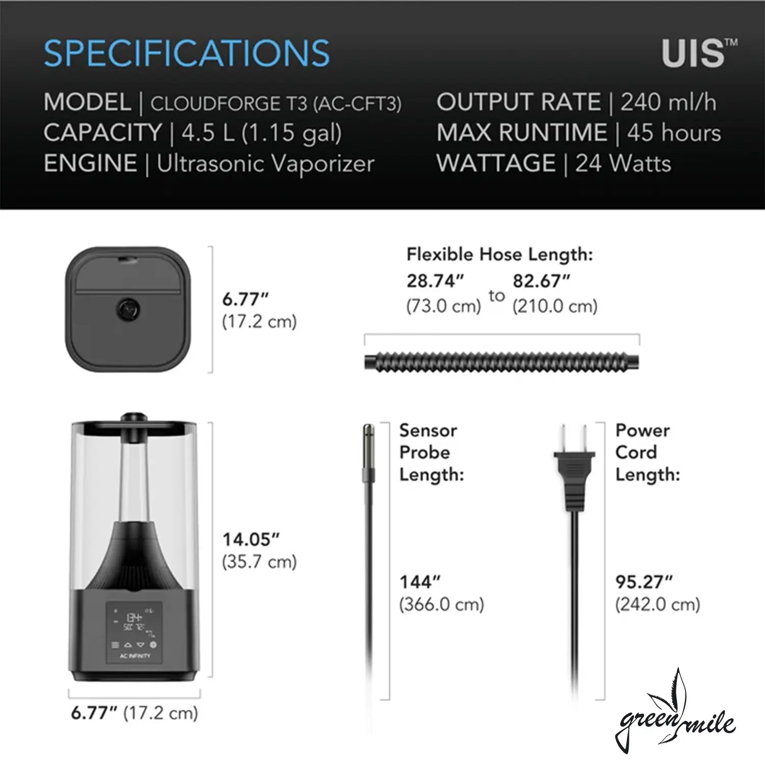 AC Infinity, Cloudforge T3, 2. Generation, Luftbefeuchter, 4,5l, Grafik Einzelteile