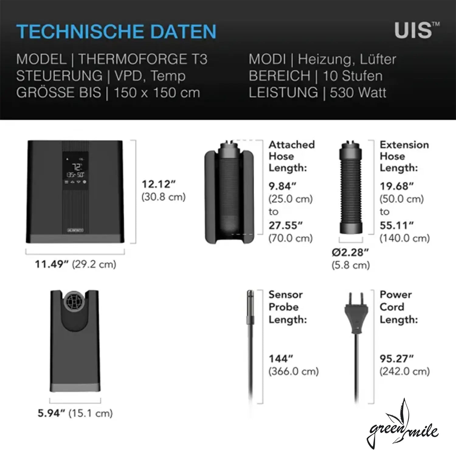 AC Infinity, Thermoforge t3, Heizung, Technische Daten