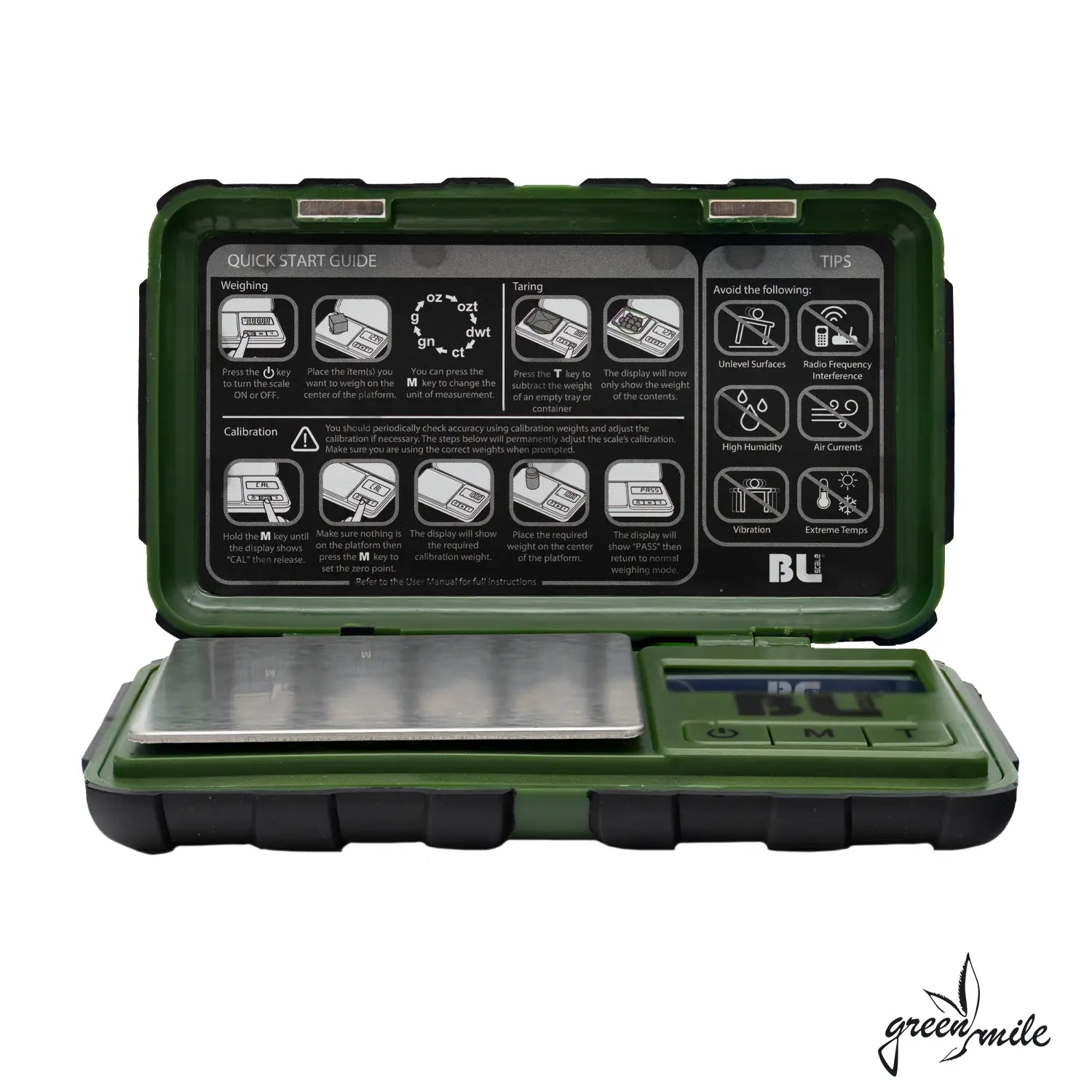 BLscale, Digitalwaage, 0,01-100g, Grün, Vorderansicht, Aufgeklappt