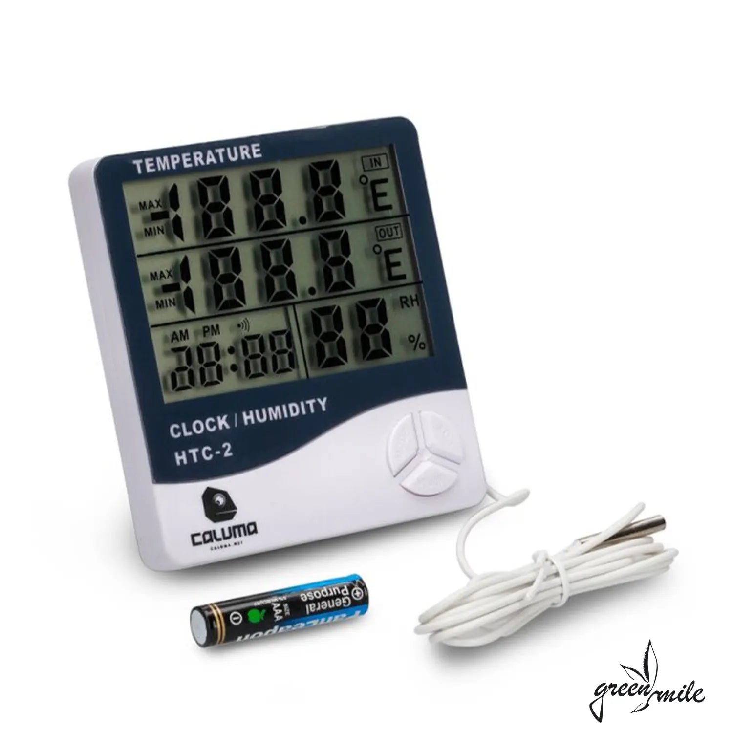 Caluma, Thermo Hygrometer, mit Uhr und Sonde, Vorderansicht