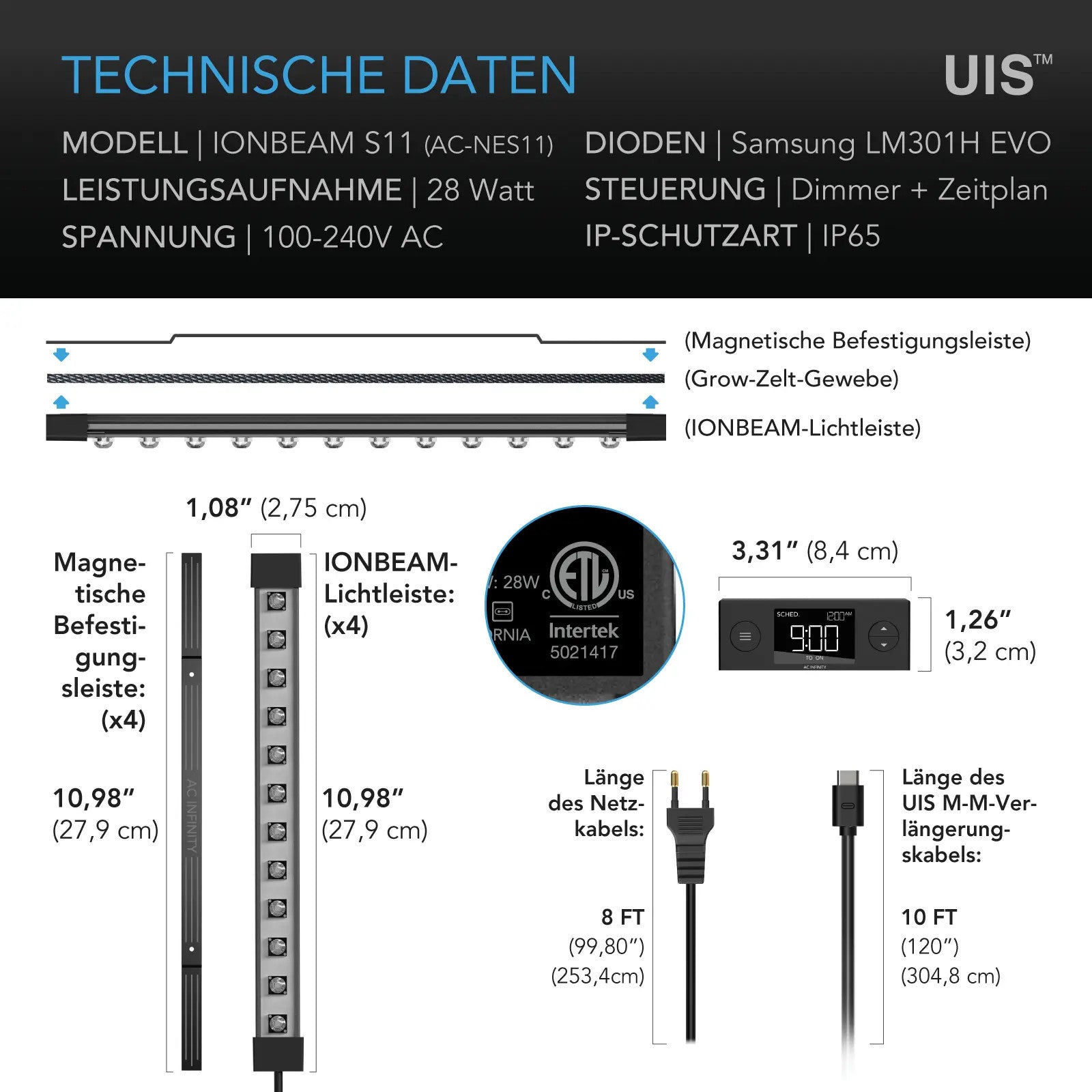 AC Infinity - IONBEAM S11, Vollspektrum LED Leiste | 27,9cm