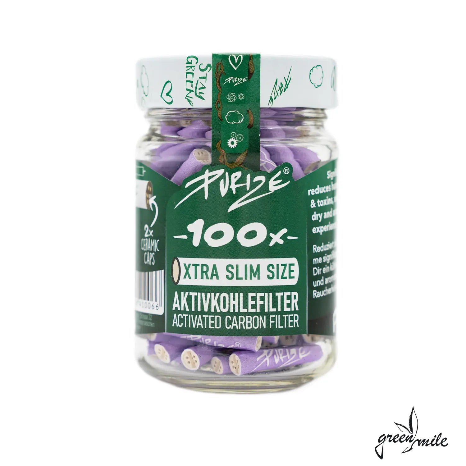Purize, Aktivkohlefilter, Xtra Slim, 100 Stück, Flieder, Glas, Vorderansicht