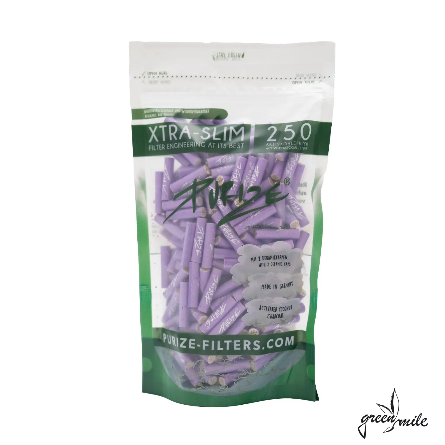Purize, Aktivkohlefilter, Xtra Slim, 250 Stück, Flieder, Beutel, Vorderansicht