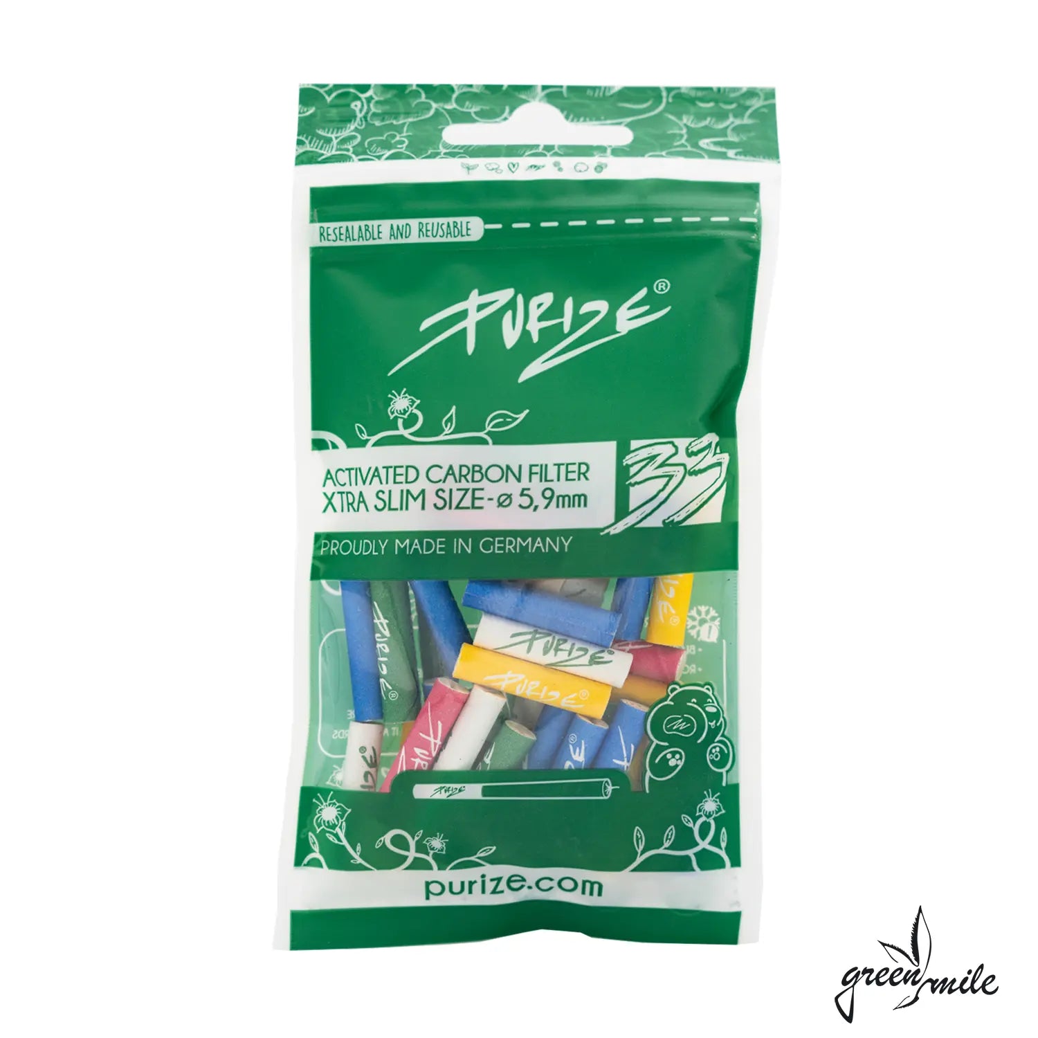 Purize, Aktivkohlefilter, Xtra Slim, 33 Stück, All Color, Beutel, Vorderansicht