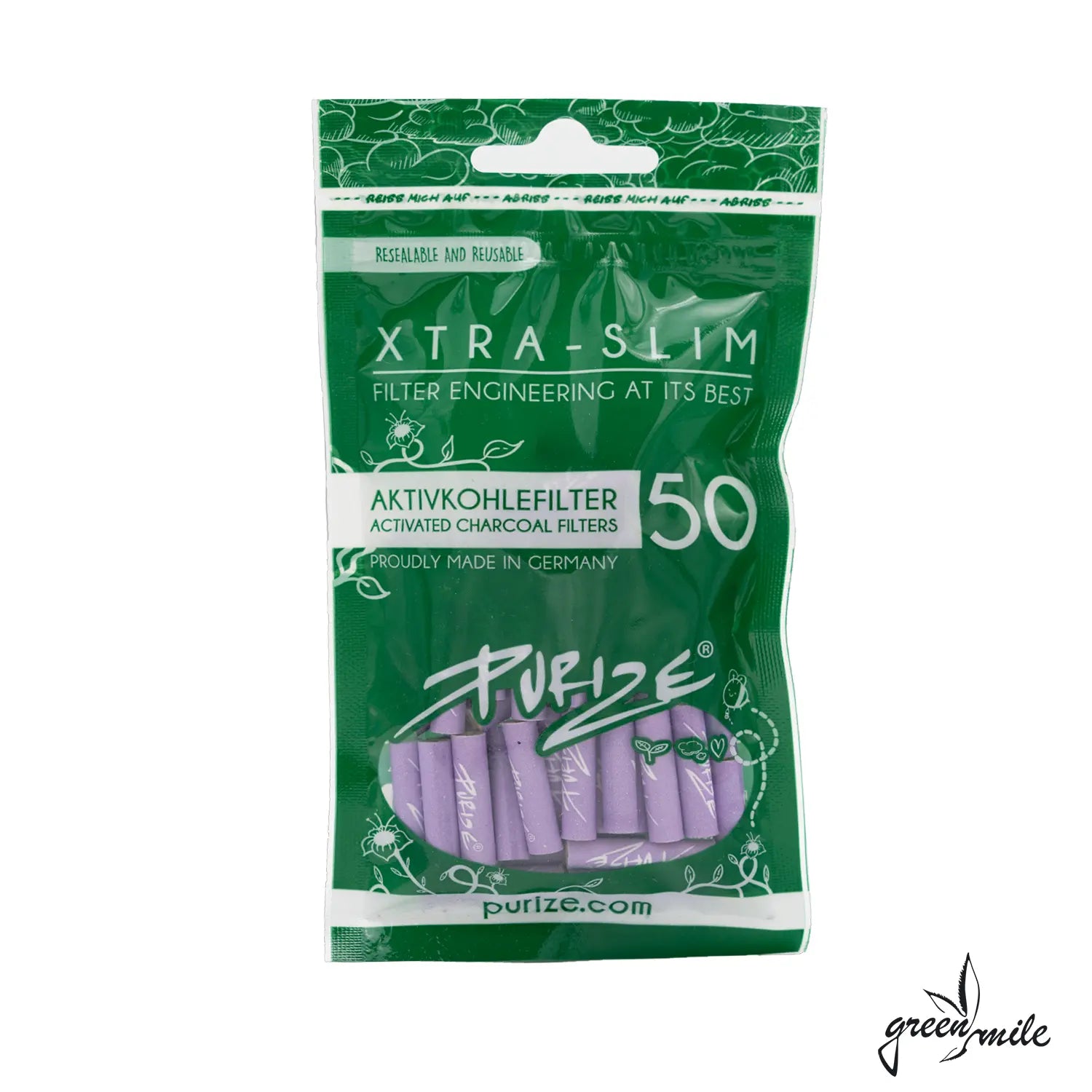 Purize, Aktivkohlefilter, Xtra Slim, 50 Stück, Flieder, Beutel, Vorderansicht