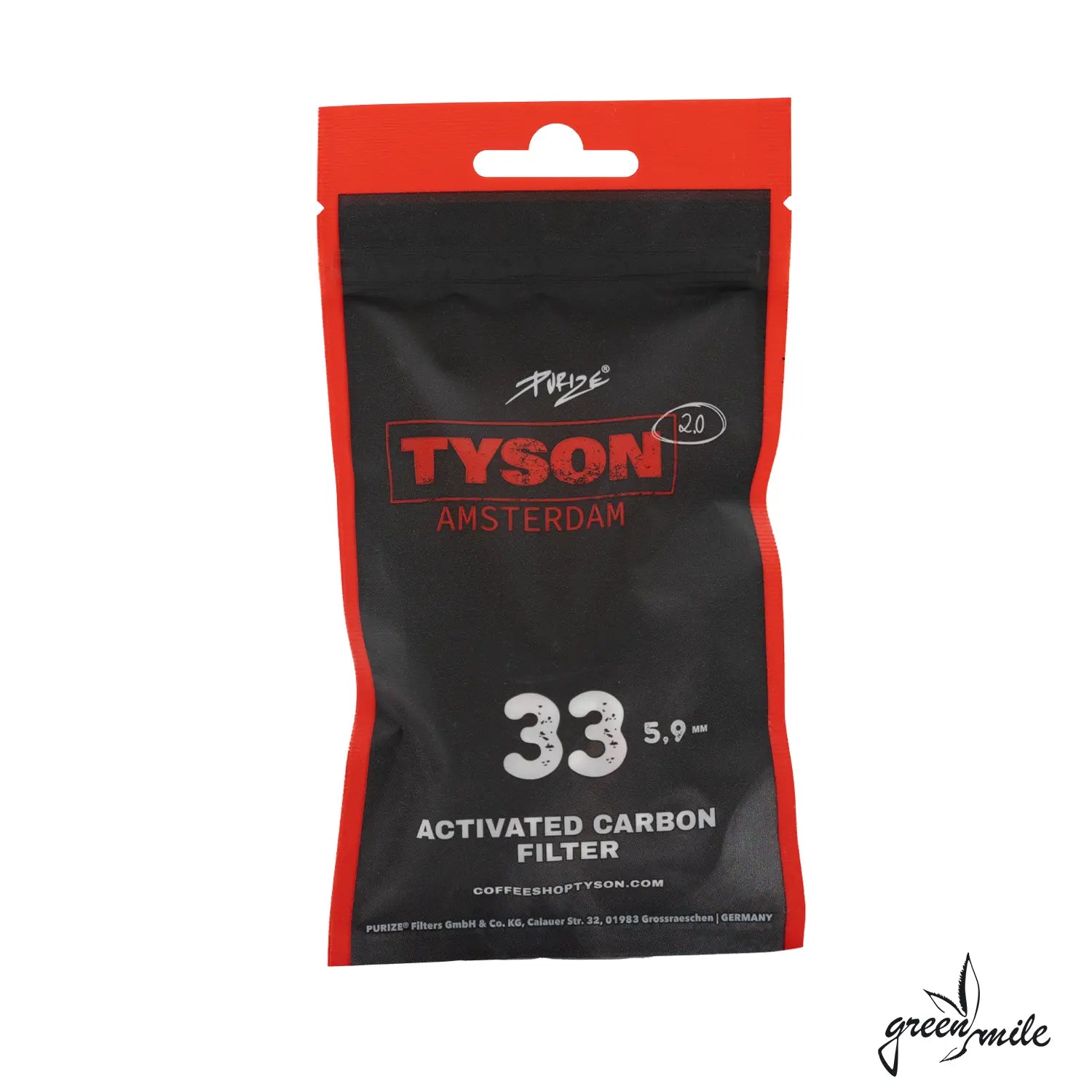 Purize x Tyson 2.0, Aktivkohlefilter, Xtra Slim, 33 Stück, Beutel, Vorderansicht