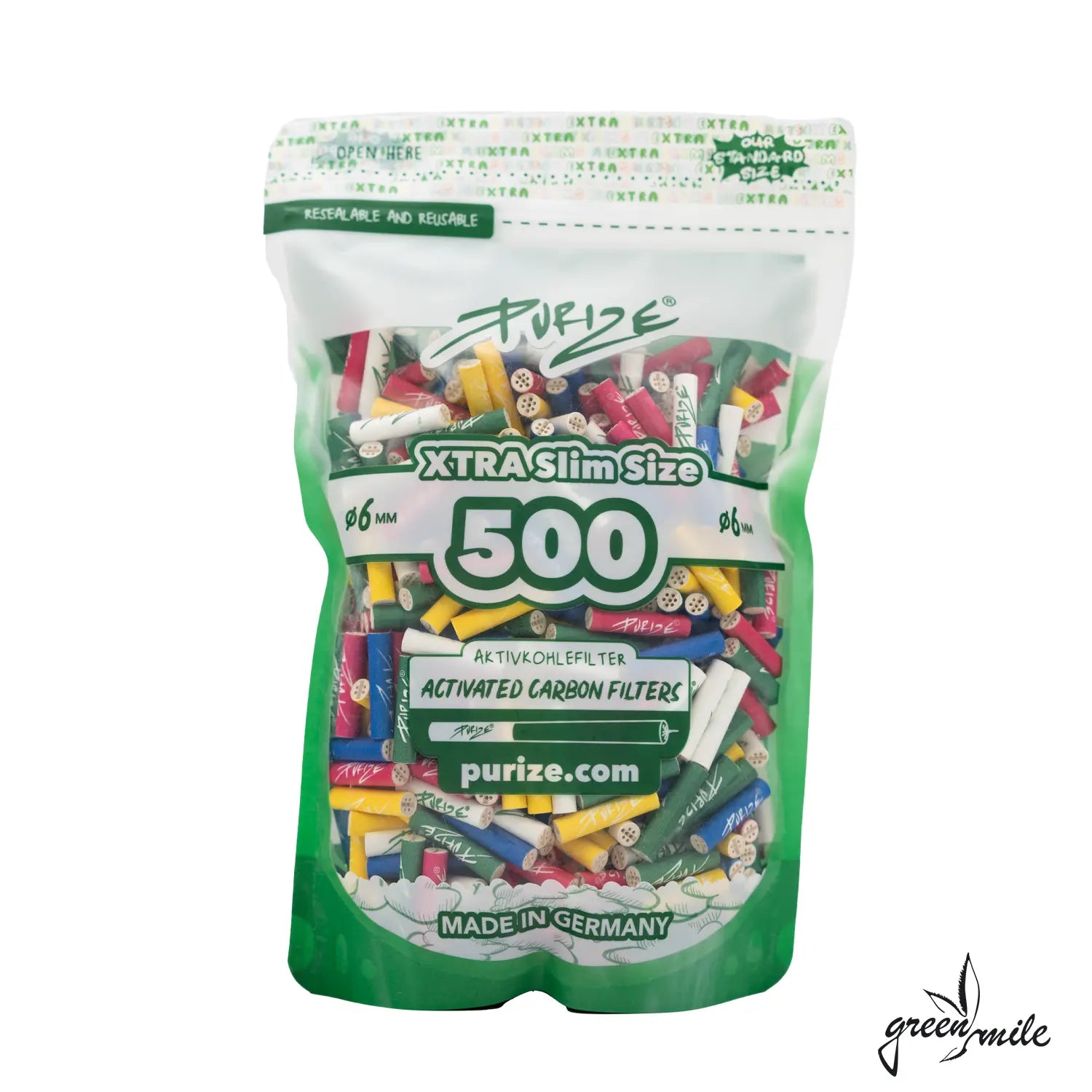 Purize, Xtra Slim, All Color, Aktivkohlefilter, 500Stk, Beutel, Vorderansicht