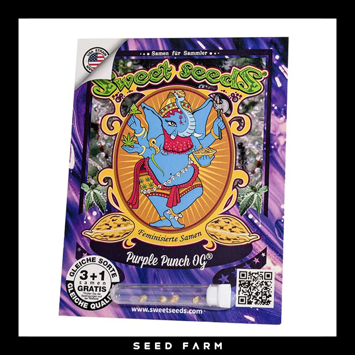 Sweet Seeds, Purple Punch, feminisierte Cannabis Samen, 3+1 Seeds, Vorderansicht