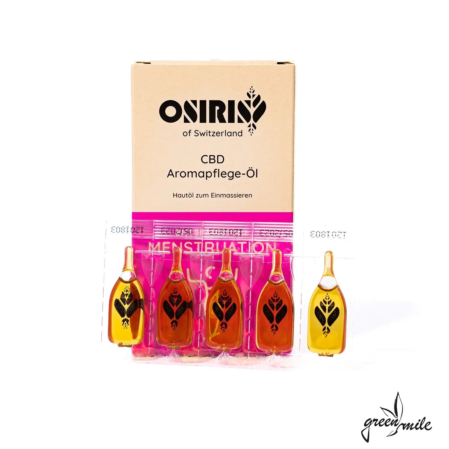 Osiris, Menstruation, CBD Aromapflegeöl, 10x 1ml, Kapseln und Verpackung