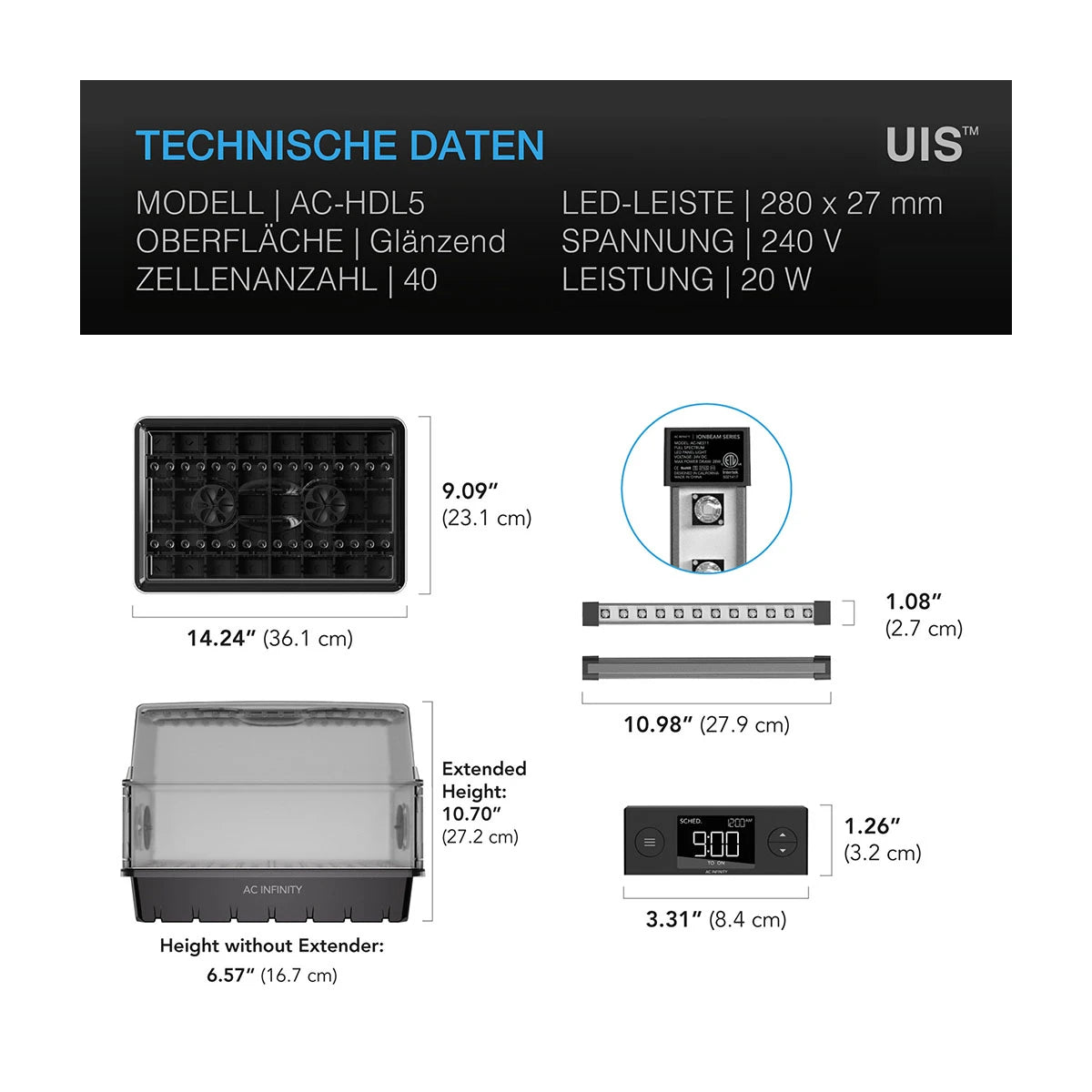 AC Infninity - Stecklings-Gewächshaus mit Höhenverlängerung, mit Samsung LM301H EVO LED-Beleuchtung, 5x8-Tablett