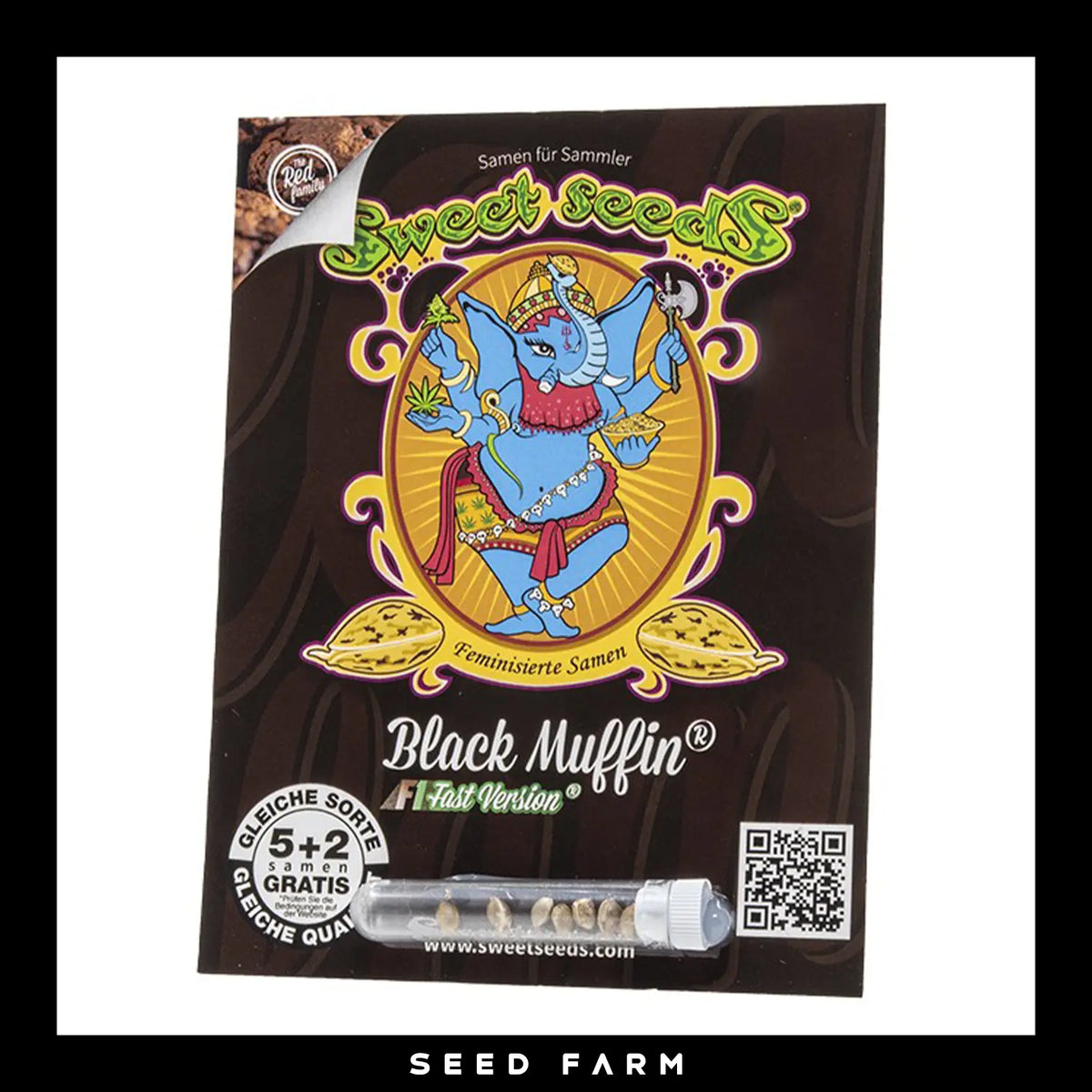 Sweet Seeds, Black Muffin F1, Fast Version, feminisierte Cannabis Samen, 5+2 Seeds, Vorderansicht