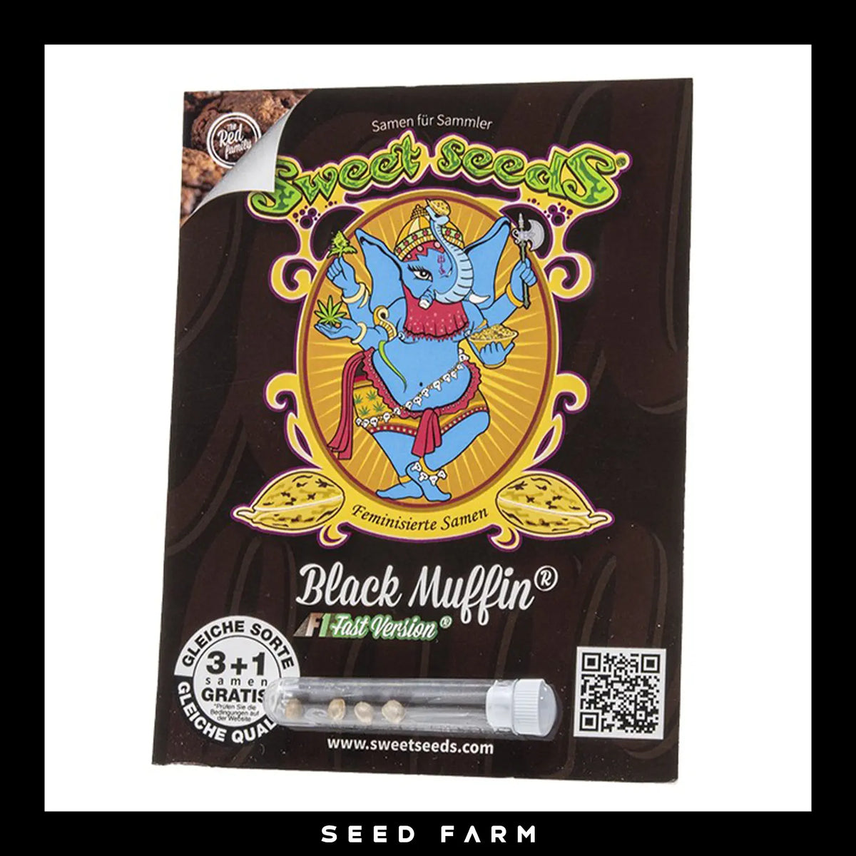 Sweet Seeds, Black Muffin F1, Fast Version, feminisierte Cannabis Samen, 3+1 Seeds, Vorderansicht