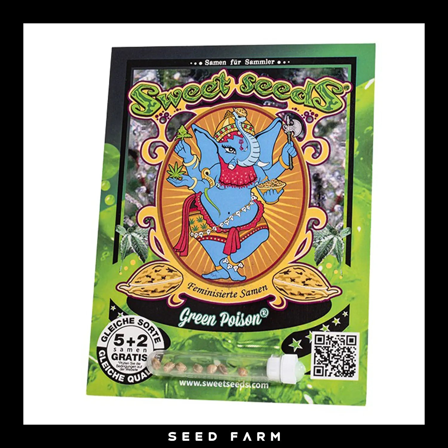 Sweet Seeds, Green Poison, feminisierte Cannabis Samen, 5+2 Seeds, Vorderansicht
