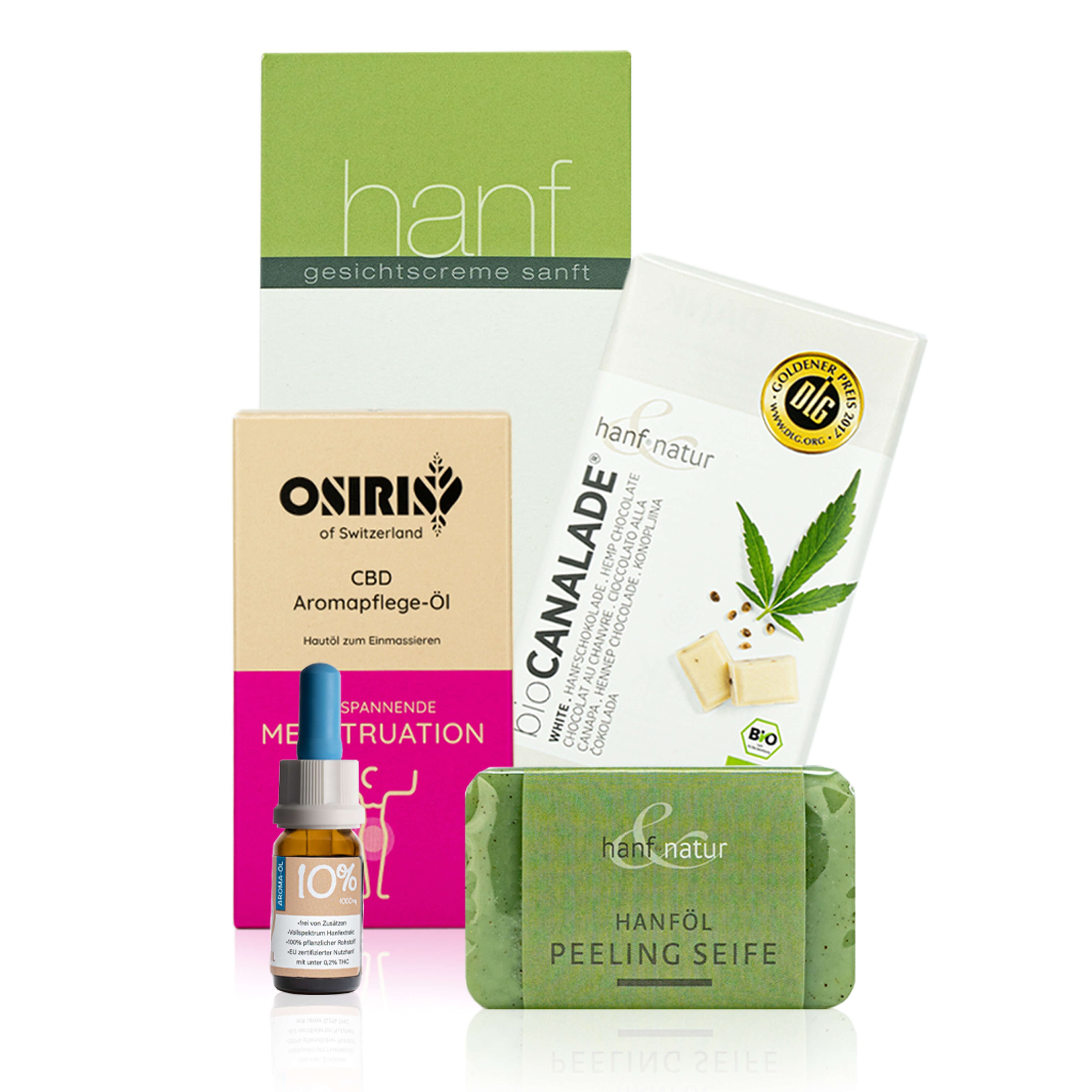 Green Mile Valentinstag Damenbox Canasoul - ätherisches Hanf Aroma Öl 10% CBD Aromapflege - Osiris Menstruation Hanföl Peeling Seife VEGAN Hanf Gesichtscreme - Sanfte & harmonisierend Canalade White Hanf Schokolade